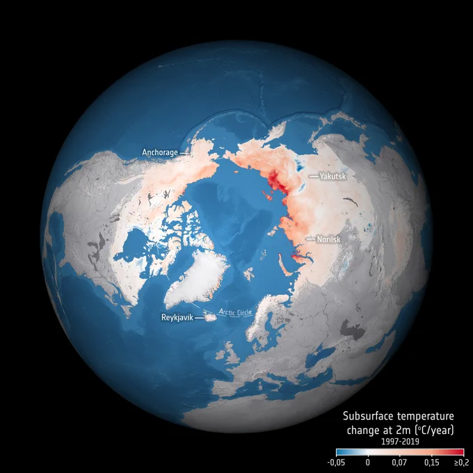 Visual showing a globe and the change in ground temperature at a depth of 2 metres between 1997 and 2019.