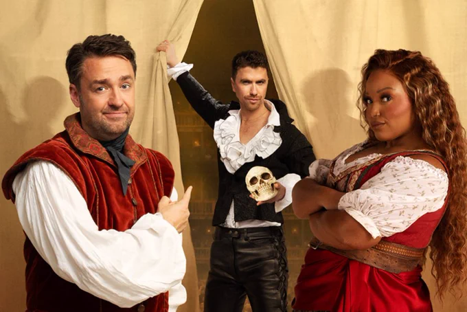 Three actors in Shakespearean period costumes, one holding a skull