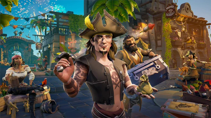 A confident pirate stands in a port town with a sword over their shoulder looking at you as a fireworks display fills the sky behind them. Another pirate can be seen sitting, enjoying a grog, while another is lugging a hefty chest of Doubloons along the street.