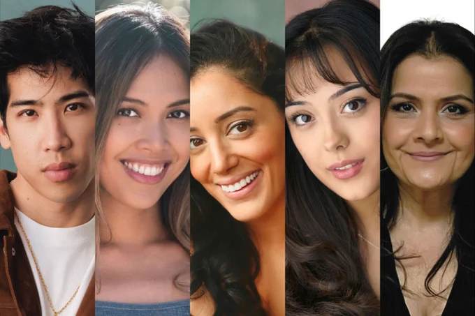 A montage of actor headshots, including  Zheng Xi Yong, Christine Allado, Hiba Elchikhe, Mia Kobayashi and Nina Wadia