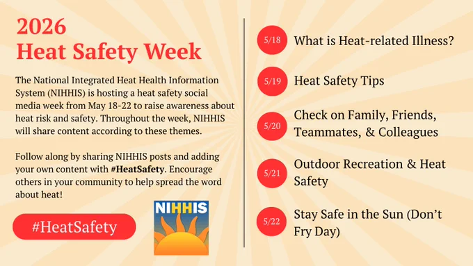 A yellow and red flyer with the NIHHIS logo. The flyer says, “2026 Heat Safety Week. The National Integrated Heat Health Information System (NIHHIS) is hosting a heat safety social media week from May 18-22 to raise awareness about heat risk and safety. Throughout the week, NIHHIS will share content according to these themes. Follow along by sharing NIHHIS posts and adding your own content with #HeatSafety. Encourage others in your community to help spread the word about heat! 5/18: What is heat-related illness? 5/19: Heat safety tips. 5/20: Check on family, friends, teammates, and colleagues. 5/21: Outdoor recreation and heat safety. 5/22: Stay safe in the sun (Don't Fry Day)" 