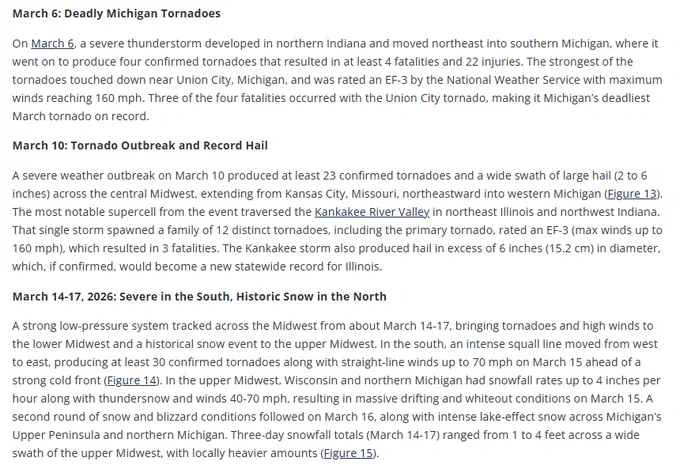 March 2026 major weather events across the Midwest. Events include deadling tornadoes in Michigan on March 6, a tornado outbreak and record large hail on March 10, and severe weather and snow March 14-17. 