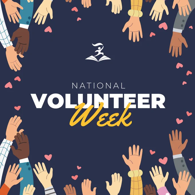 Diverse hands reaching inward around text celebrating National Volunteer Week with scattered pink hearts on dark background.
