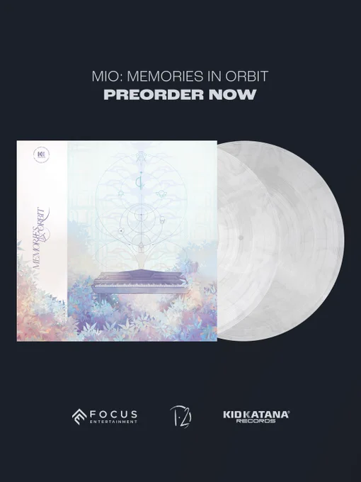 Picture in the colors of the Kid Katana visual identity, with the text: “Mio: Memories in Orbit / Preorder now”. Mockup of the MIO vinyl in the centre. Logos of Focus Entertainment, Douze Dixièmes and Kid Katana Records at the bottom.