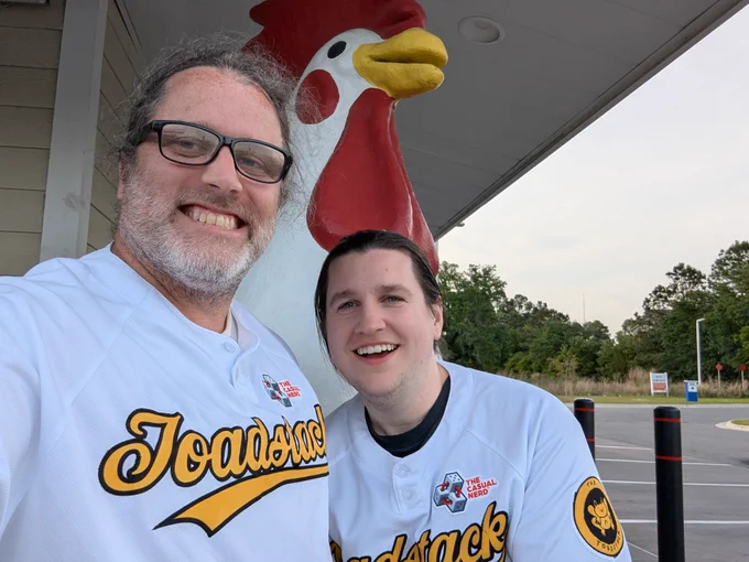 Joey and Levi with a giant chicken