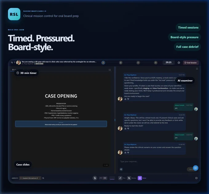Product screenshot of mock oral exam mode. Headline: “Timed. Pressured. Board-style.” The interface shows a case opening slide on the left and AI examiner chat on the right, with callouts for timed sessions, board-style pressure, and full case debrief.