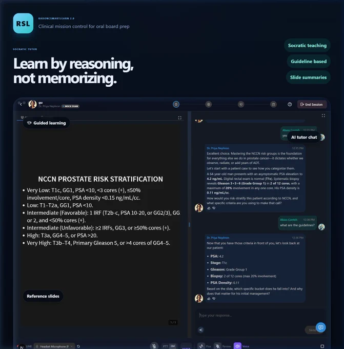 Product screenshot of tutor mode. Headline: “Learn by reasoning, not memorizing.” Left side shows a reference slide on NCCN prostate risk stratification. Right side shows AI tutor chat. Callouts highlight Socratic teaching, guideline-based learning, and slide summaries.