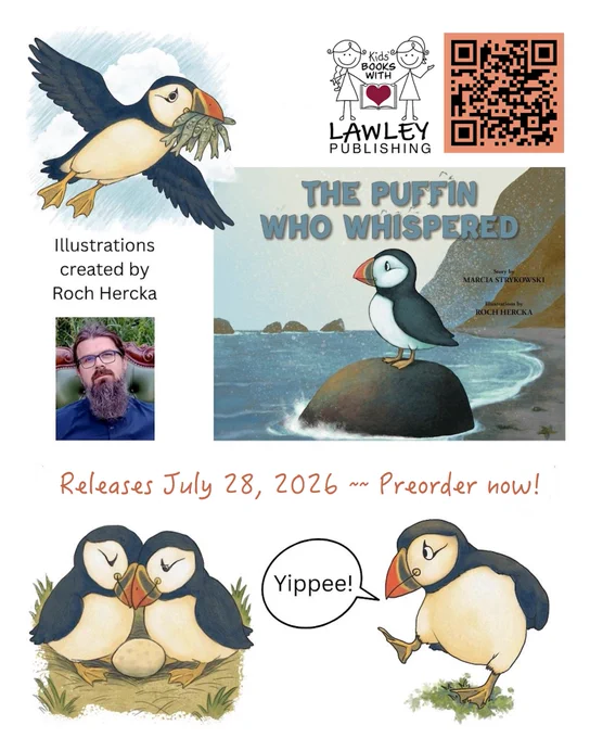 Cute puffin illustrations announce new picture book: The Puffin Who Whispered, releasing July 28, 2026.