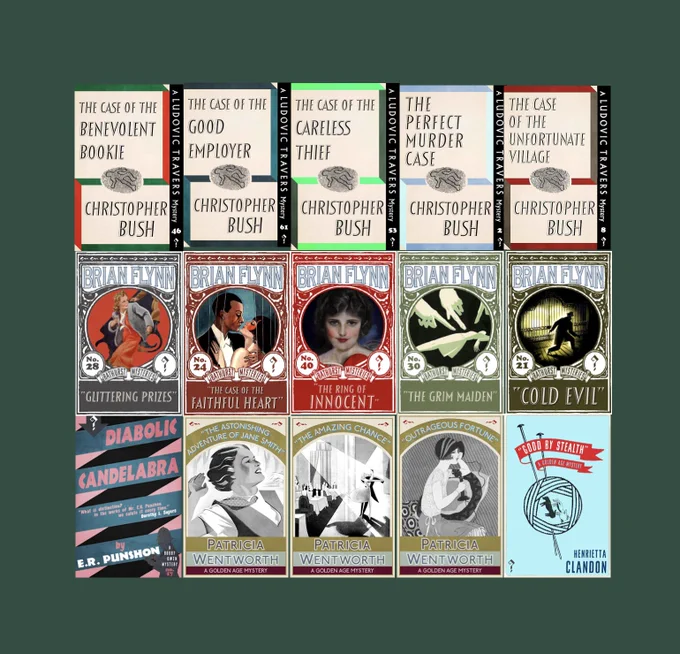Covers of crime fiction novels with an evaluative adjective in the title, editions from Dean Street Press: The Case of the Benevolent Bookie, The Case of the Good Employer, The Case of the Careless Thief, The Perfect Murder Case, and The Case of the Unfortunate Village by Christopher Bush: Glittering Prizes, The Case of the Faithful Heart, The Grim Maiden and Cold Evil by Brian Flynn: The Astonishing Adventure of Jane Smith, The Amazing Chance, and Outrageous Fortune by Patricia Wentworth: Diabolic Candelabra by E R Punshon, and Good by Stealth by Henrietta Clandon.