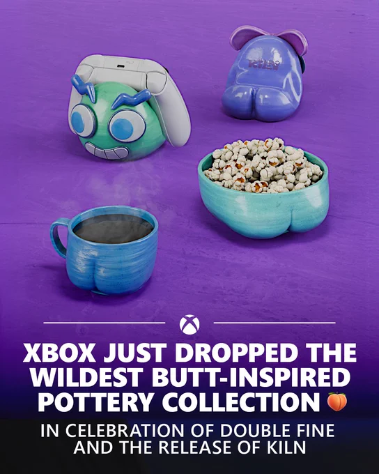 Static image of the Kiln Butt-iful Pottery collection on a purple backdrop. Text at bottom reads, "Xbox just dropped the wildest butt-inspired pottery collection🍑 in celebration of Double Fine and the release of Kiln."