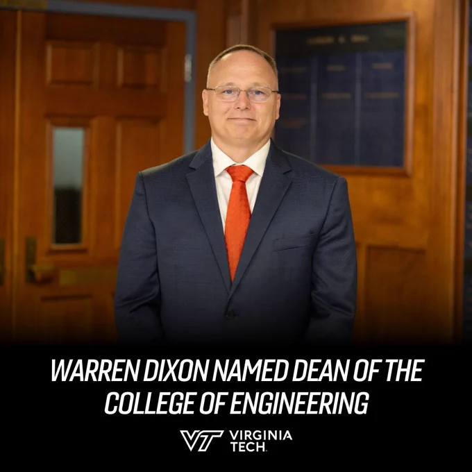 Warren Dixon poses in front of doors. Text reads "Warren Dixon named dean of the College of Engineering"