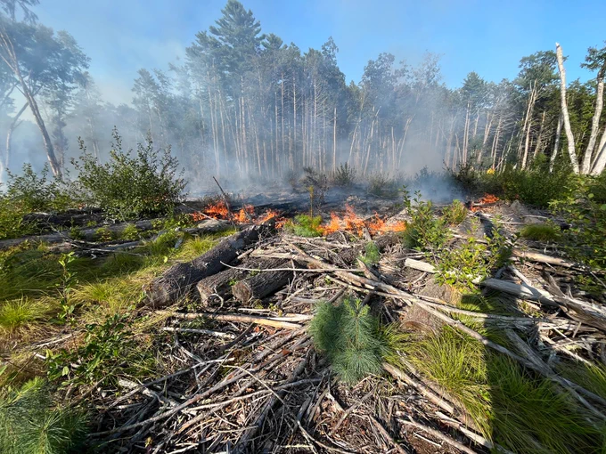 A wildfire in New Hampshire - daytime - showing smolder and flames - N.H. Division of Forests and Lands image