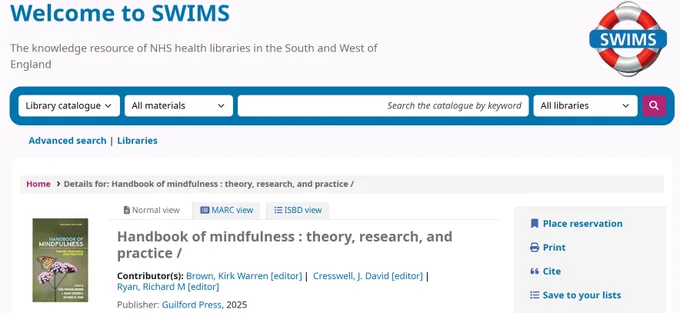 screenshot of the Handbook of Mindfulness on SWIMS catalogue