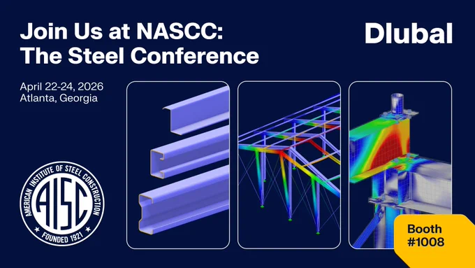 The image shows the logo of the American Institute of Steel Construction, along with visualizations of steel structures, construction plans, and architectural renderings for an upcoming steel industry conference in Atlanta, Georgia.
