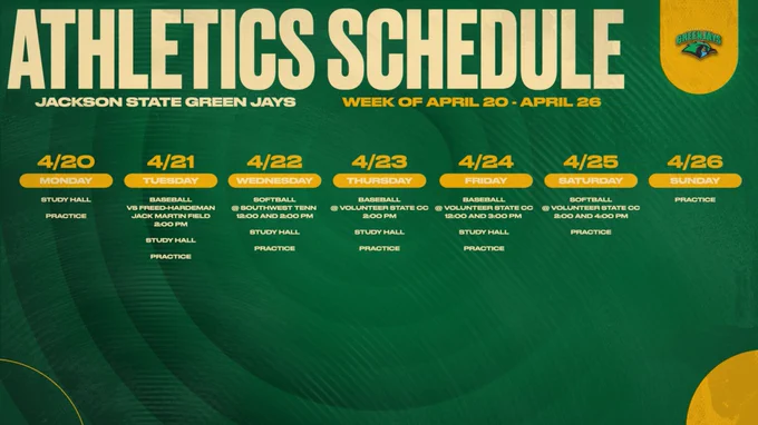 Graphic titled “Athletics Schedule – Jackson State Green Jays” for the week of April 20–April 26, displayed on a green background with gold accents and the Green Jays logo in the top right.

Daily schedule listed left to right:

Monday (4/20): Study Hall, Practice
Tuesday (4/21): Baseball vs Freed-Hardeman at Jack Martin Field at 2:00 PM; Study Hall; Practice
Wednesday (4/22): Softball at Southwest Tennessee, 12:00 PM and 2:00 PM; Study Hall; Practice
Thursday (4/23): Baseball at Volunteer State CC at 2:00 PM; Study Hall; Practice
Friday (4/24): Baseball at Volunteer State CC at 12:00 PM and 3:00 PM; Study Hall; Practice
Saturday (4/25): Softball at Volunteer State CC, 2:00 PM and 4:00 PM; Practice
Sunday (4/26): Practice only

Design features bold gold headers for each day with white and gold text on a textured green background.