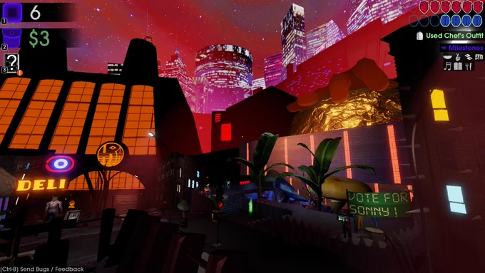 Moves of the Diamond Hand screenshot showing a surreal, crimson vista of the city outside at night