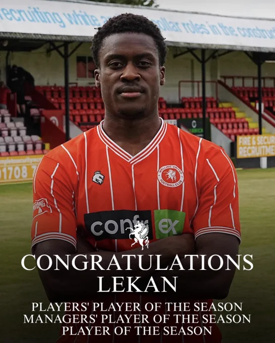 An image of Lekan Majoyegbe standing in front of the Welling mainstand at Park View Road.

Towards the image fades out into black.
On top of this centred in the middle is Welling’s crest version of the White Horse of Kent.
Underneath is white text which reads:
“CONGRATULATIONS LEKAN
PLAYERS' PLAYER OF THE SEASON
MANAGERS' PLAYER OF THE SEASON
PLAYER OF THE SEASON”
