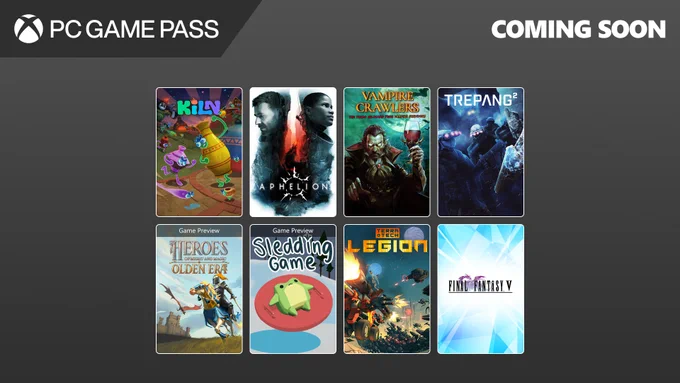 Kiln, Aphelion, Vampire Crawlers, Trepang2, Heroes of Might and Magic: Olden Era, Sledding Game, TerraTech Legion, and Final Fantasy V are coming soon to PC Game Pass.