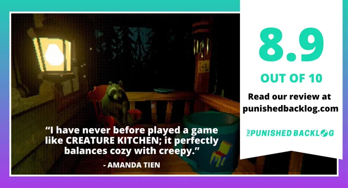 A screenshot from the game CREATURE KITCHEN (developer: The Rat Zone) showing a raccoon sitting on a rocking chair on a dimly lit porch. Text reads: 8.9 out of 10, read our review at punishedbacklog.com and "I have never before played a game like CREATURE KITCHEN; it perfectly balances cozy with creepy."