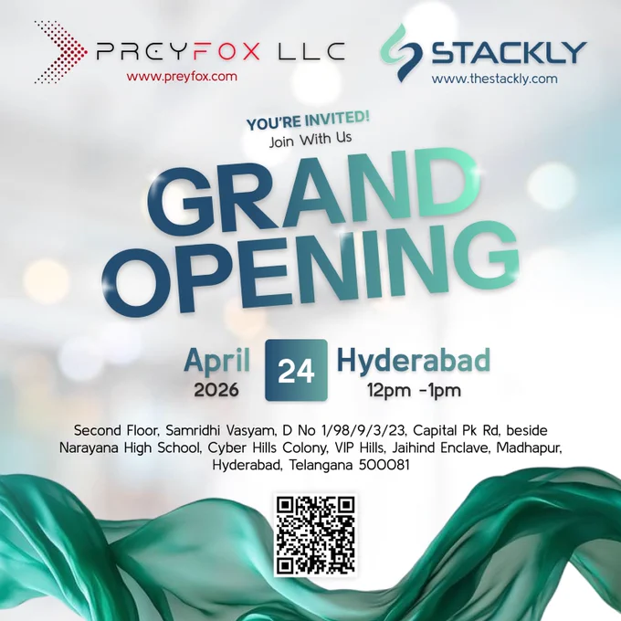 We’re proud to announce a major milestone in our journey 🎉

PreyStack is expanding, and we’re officially opening our new office in Hyderabad! This marks a new chapter filled with growth, opportunities, and the incredible efforts of our team.

📍 Hyderabad Branch Grand Opening
📅 April 24, 2026
⏰ 12:00 PM – 1:00 PM

We invite our team to join us in celebrating this special moment as we continue building the future together.

Here’s to new beginnings and bigger milestones ahead 🚀

#PreyStack #GrandOpening #Hyderabad #NewBeginnings #Growth
