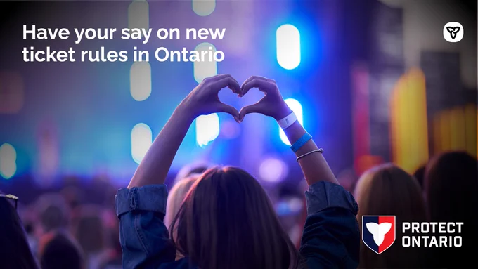 Person making a heart gesture at a concert. Text: Have your say on new ticket rules in Ontario