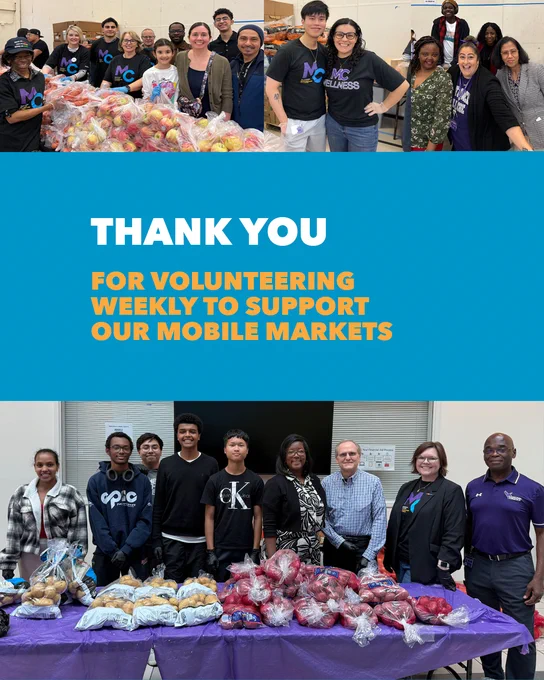 Group of diverse volunteers standing behind tables filled with bags of fresh produce at a community mobile market event. Words: Thank you for volunteering weekly to support our mobile markets. 