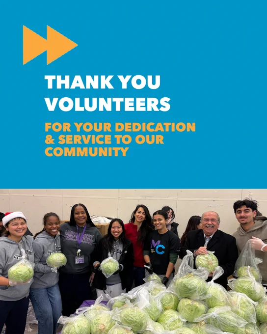 Group of volunteers holding bags of fresh cabbage, standing together in appreciation for their community service. Words: Thank you volunteers for your dedication and service to our community