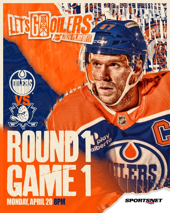 Oilers Game 1 graphic featuring a photo of Connor McDavid 