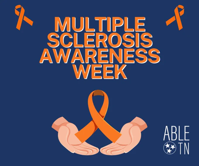Graphic with an orange ribbon with the text “Multiple Sclerosis Awareness Week” and the ABLE TN branding.