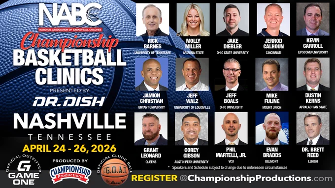 Coaches scheduled to speak this year include;
Rick Barnes Tennessee
Jerrod Calhoun Cincinnati
Molly Miller Arizona State
Jake Diebler Ohio State
Jeff Walz Louisville
Jeffery Boals Ohio
Grant Leonard Queens (NC), Head Coach
Mike Fuline Mount Union
Dustin Kerns Appalachian State
Kevin Carroll Lipscomb
Cory Gipson Austin Peay
Jamion Christian Bryant University
Brett Reed Lehigh
Evan Bradds Belmont
Phil Martelli, Jr. VCU