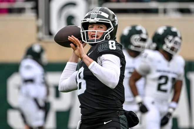 Class of 2026 Early-Enrollee QB, Kayd Coffman, attempts a pass at the Michigan State Spring Showcase on 4/18/2026. Photo by Nick King/Lansing State Journal.