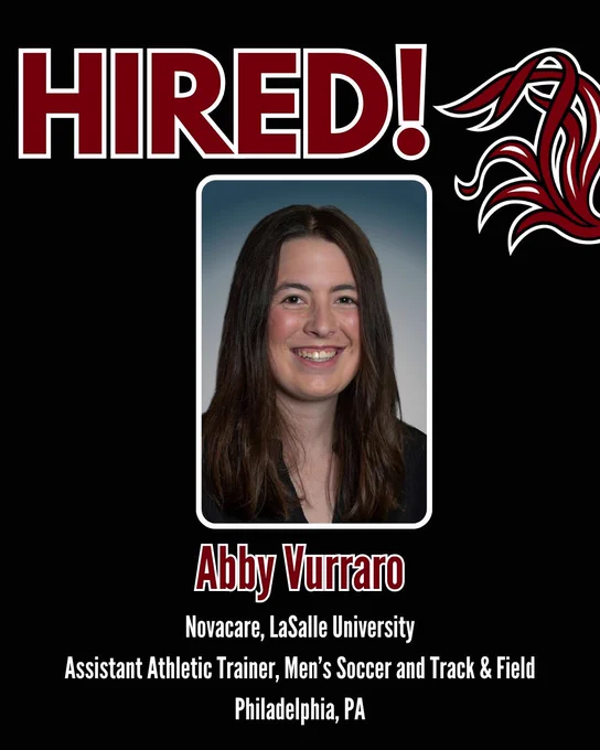 Graphic announcing that Abby Vurraro was hired as an assistant athletic trainer at LaSalle University in Philadelphia, PA.