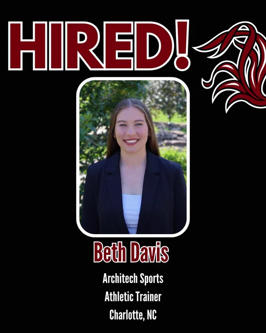 Graphic announcing that Beth Davis was hired as an athletic trainer at Architech Sports in Charlotte NC.