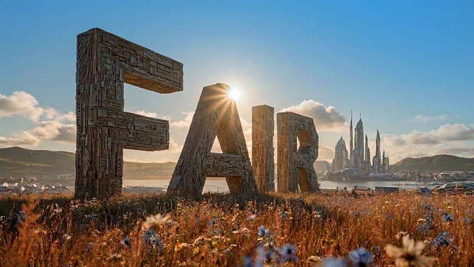 The word "FAIR" as giant letters in the middle of a field, made of metal and technological patterns. In the distance, the skyline of a futuristic city.
