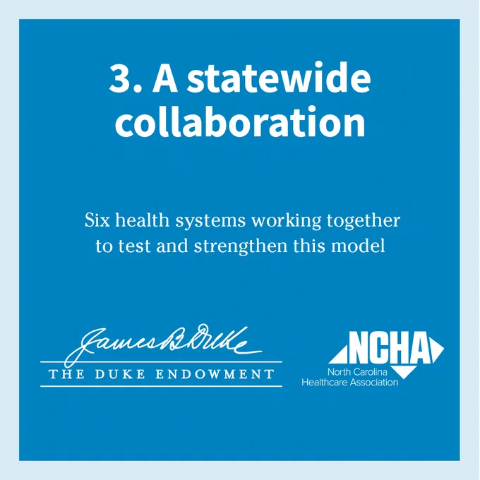 Banner with the title "3. A statewide collaboration." Below, it says "Six health systems working together to test and strengthen this model." Logos of The Duke Endowment and North Carolina Healthcare Association are at the bottom.