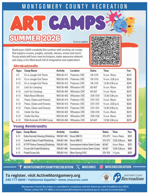 Montgomery County Recreation summer 2026 art camps flyer with camp names, ages, dates, locations, times, and fees listed.