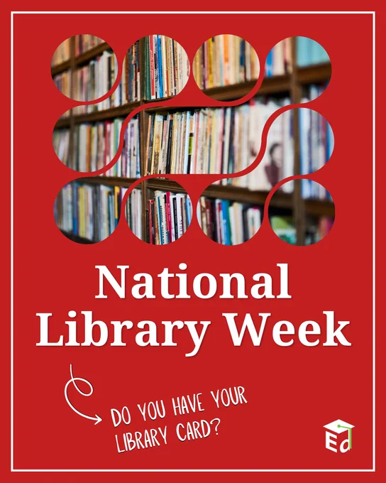 Bookshelves filled with colorful books on a red background celebrating National Library Week.