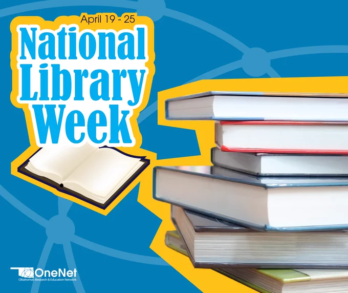 A stack of books with the OneNet logo - Text reads "National Library Week, April 19-25"