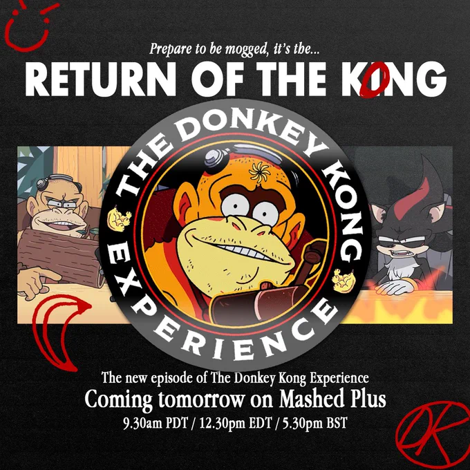An editorial advertisment for the next episode of the Donkey Kong Experience, vandalized by red marker pen and a giant "The Donkey Kong Experience" sticker. The advertisement reveals that the new episode of The Donkey Kong Experience launches tomorrow (Tuesday, April 21) for members of Mashed Plus, airing at 9:30am PDT / 12:30pm EDT / 5:30pm BST.