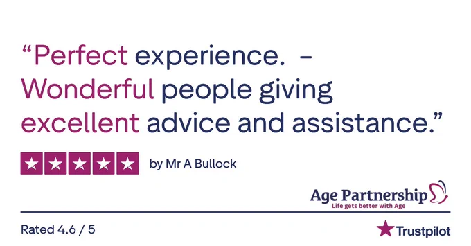 Customer review praising Age Partnership for excellent advice and wonderful service with a 5-star rating.