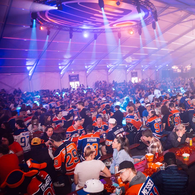 Wide shot from inside the Fan Park tent during last year's Oilers playoffs