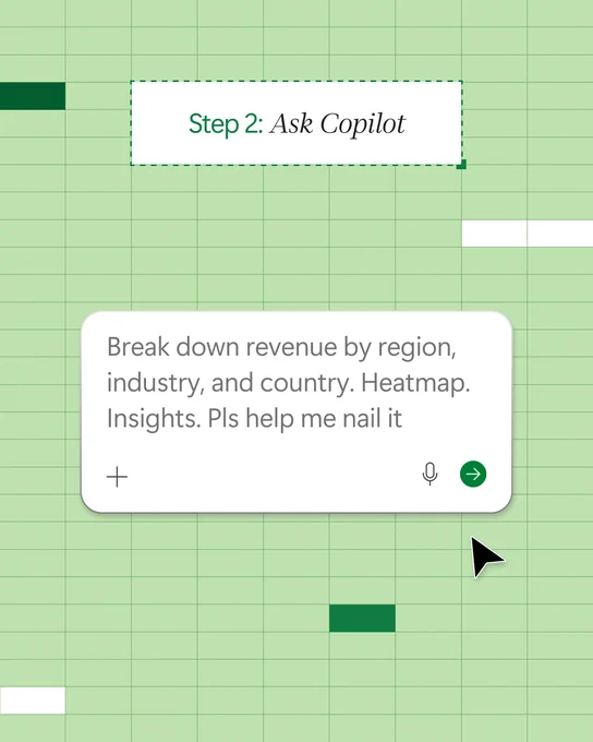 A spreadsheet interface with a highlighted section labeled "Step 2: Ask Copilot" and a text input box requesting a revenue breakdown by region, industry, and country.