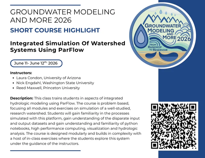 Promotional graphic for Groundwater Modeling and More 2026 Integrated Simulation Of Watershed Systems Using ParFlow short course, taking place on June 11-June 12. The design has a mostly white background with a dark blue vertical line and conference logo on the right side. On the left, text lists the instructors and provides a brief description of the course. A QR code at the bottom right links to the short course website.