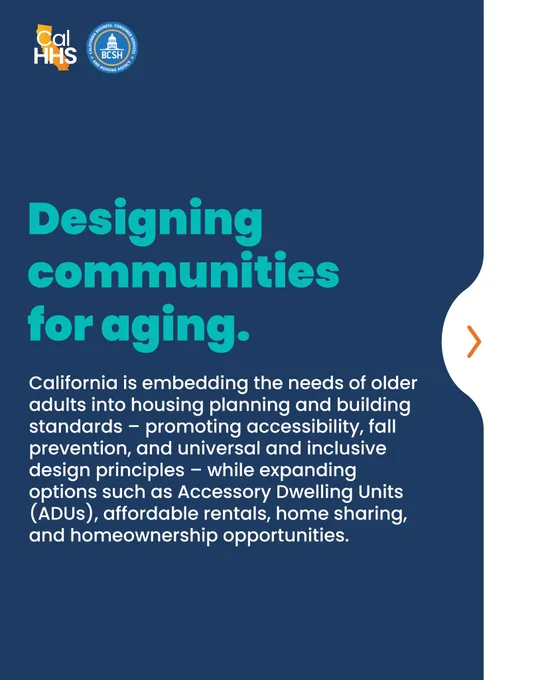 Designing communities for aging. 
California is embedding the needs of older adults into housing planning and building standards – promoting accessibility, fall prevention, and universal and inclusive design principles – while expanding options such as Accessory Dwelling Units (ADUs), affordable rentals, home sharing, and homeownership opportunities.