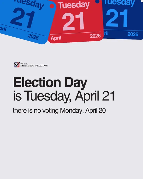 Virginia Election Day is on Tuesday, April 21, 2026, with no voting on Monday, April 20.