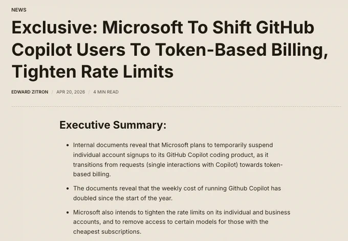 
Exclusive: Microsoft To Shift GitHub Copilot Users To Token-Based Billing, Tighten Rate Limits
Edward Zitron
Apr 20, 2026
4 min read
Executive Summary: 
Internal documents reveal that Microsoft plans to temporarily suspend individual account signups to its GitHub Copilot coding product, as it transitions from requests (single interactions with Copilot) towards token-based billing. 
The documents reveal that the weekly cost of running Github Copilot has doubled since the start of the year. 
Microsoft also intends to tighten the rate limits on its individual and business accounts, and to remove access to certain models for those with the cheapest subscriptions. 