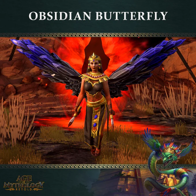 An in-game screenshot showcasing the new Aztec Myth unit: the Obsidian Butterfly. The unit is shown as a feminine humanoid with crystallized black and purple gradient wings sprouting from her back. She is wearing a brown top and long skirt, coupled with gold accessories featuring blue gemstones. She holds bloodied daggers in both of her hands. Behind her is a glowing red crystal and a rocky desert terrain. 