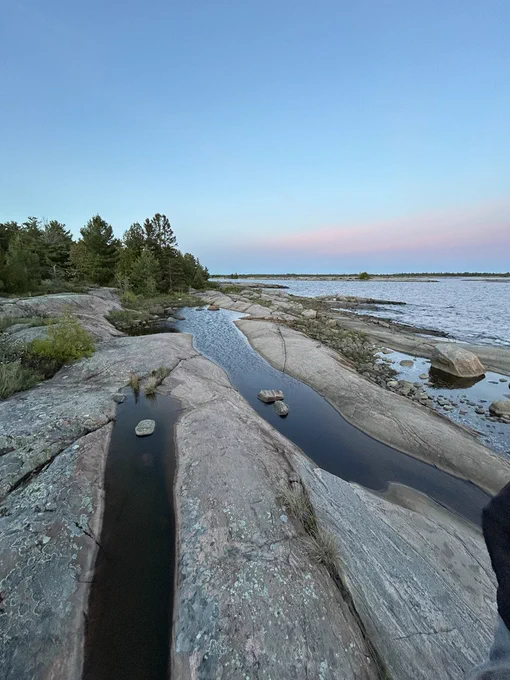 Linear rock formations on the shoreline of a body of water. There are trees in the background.