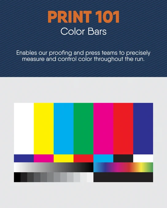 Print 101 color-bar test pattern: CMYK vertical strips, grayscale ramp and rainbow gradient for press color control.