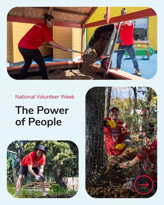 Collage of three images showing individuals engaged in outdoor volunteer activities for National Volunteer Week. One person shovels sand into a wheelbarrow near a children’s play area. Another person works on garden maintenance by a fence, and a third person digs in a garden bed. The text "The Power of People" is prominently displayed.